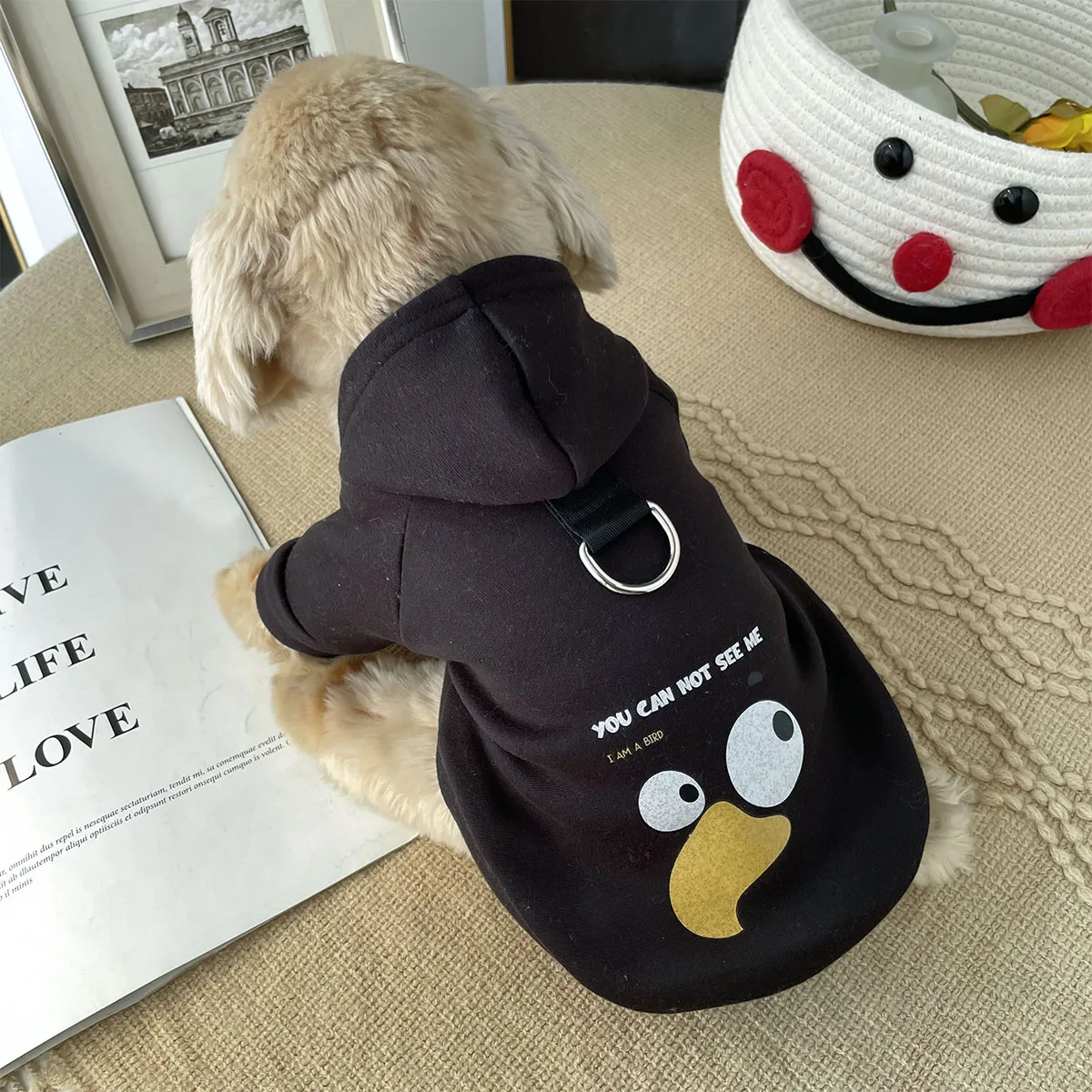 Autumn and Winter Pet Clothes Dog Milk Silk with Velvet Hat Pullover Cartoon Sweater Cat and Dog Strap Pulling Rope Loop Buckle