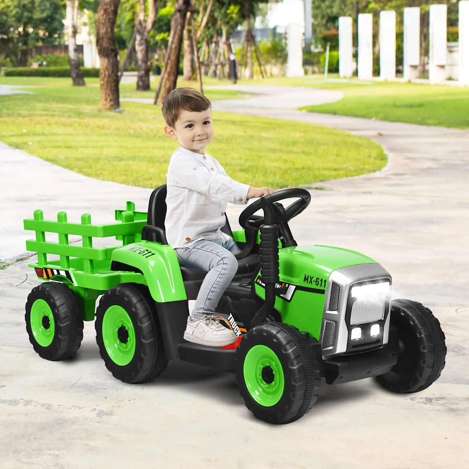 DORTALA-Coche de juguete eléctrico para niños, vehículo de 12V con luces LED y remolque, alimentado por batería