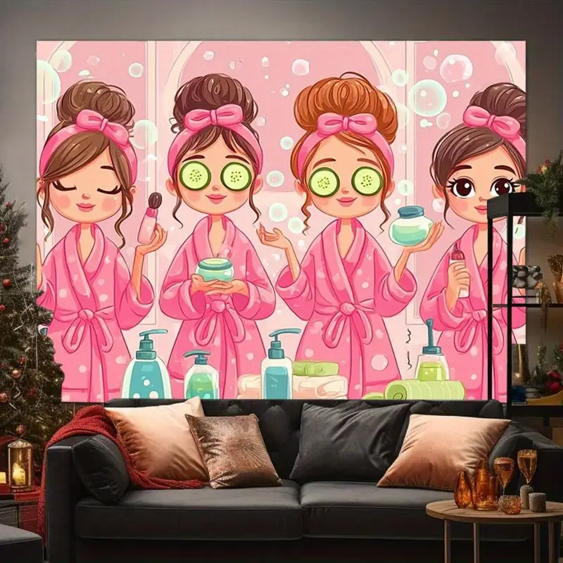 VIKAMA Pink Bathrobe Skincare Girl SPA Cartoon Tapestry Hanging Cloth Trendy Cool Wall Decoration Living Room Room Decoration