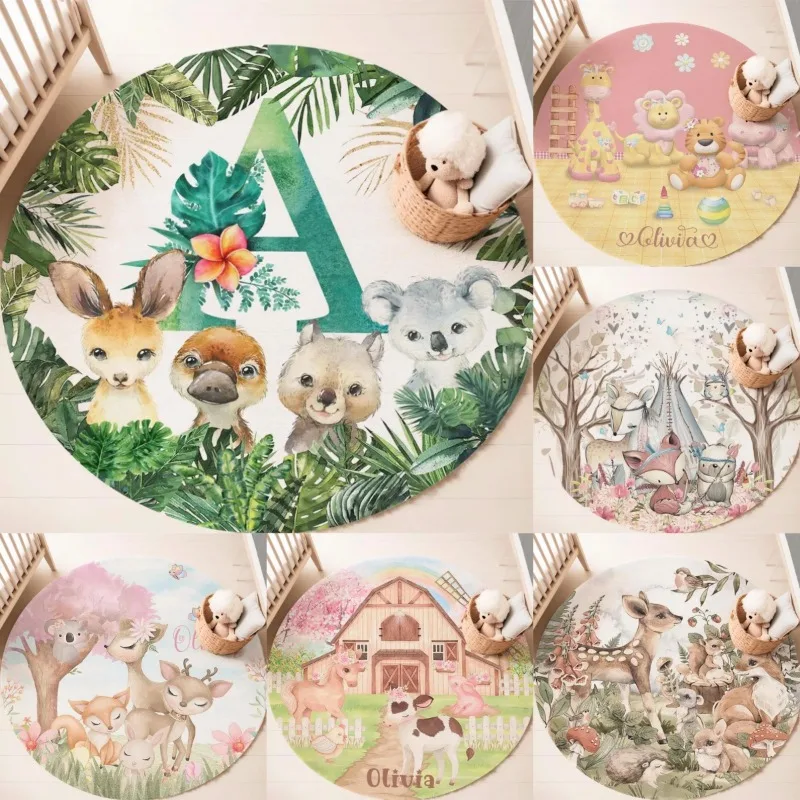 

Boho Safari Animal Round Rug Autumn Forest Friends Floor Mat Non-slip Carpet Wild Jungle Kids Room Decor Ethnic Baby Gift