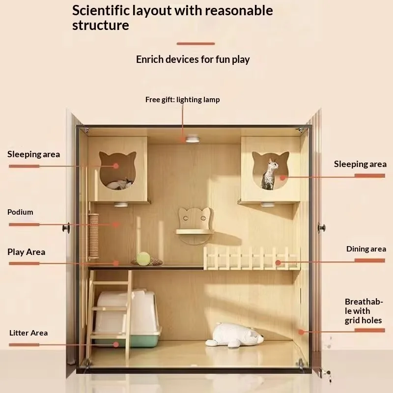 

LED Enclosed Wooden Indoor Cat House Tempered Glass Ventilation Multi-Functional Dust Proof Breathable Solid