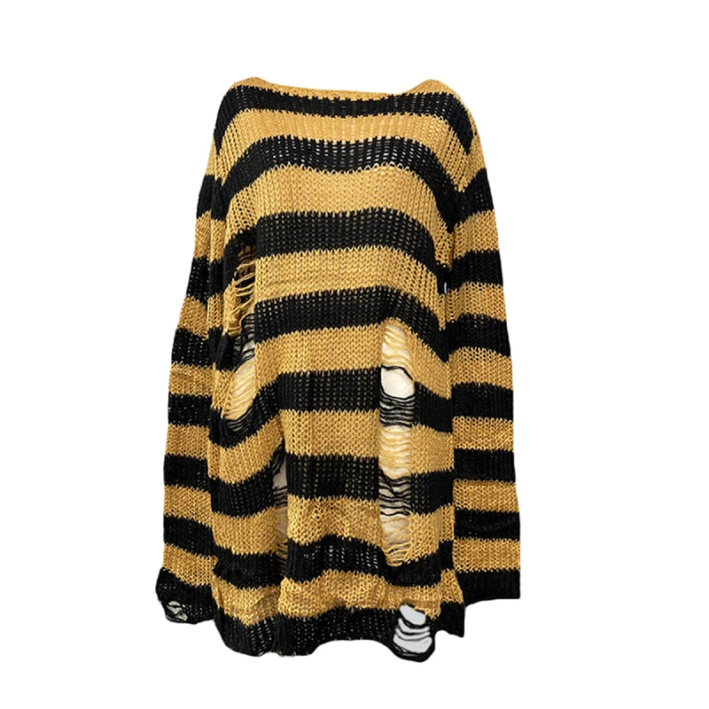 Women Goth Punk Sweaters Ripped Hollow Out Pullover Shirt Oversized Striped Knit Casual Clubwear Fall Winter Tops