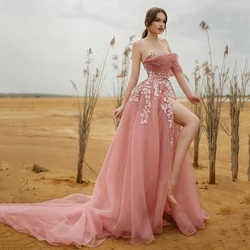 Robe de Bal en Tulle Rose de Lys avec Appliques, Tenue de Soirée à Bretelles, Sexy, Fente Haute, Personnalisée