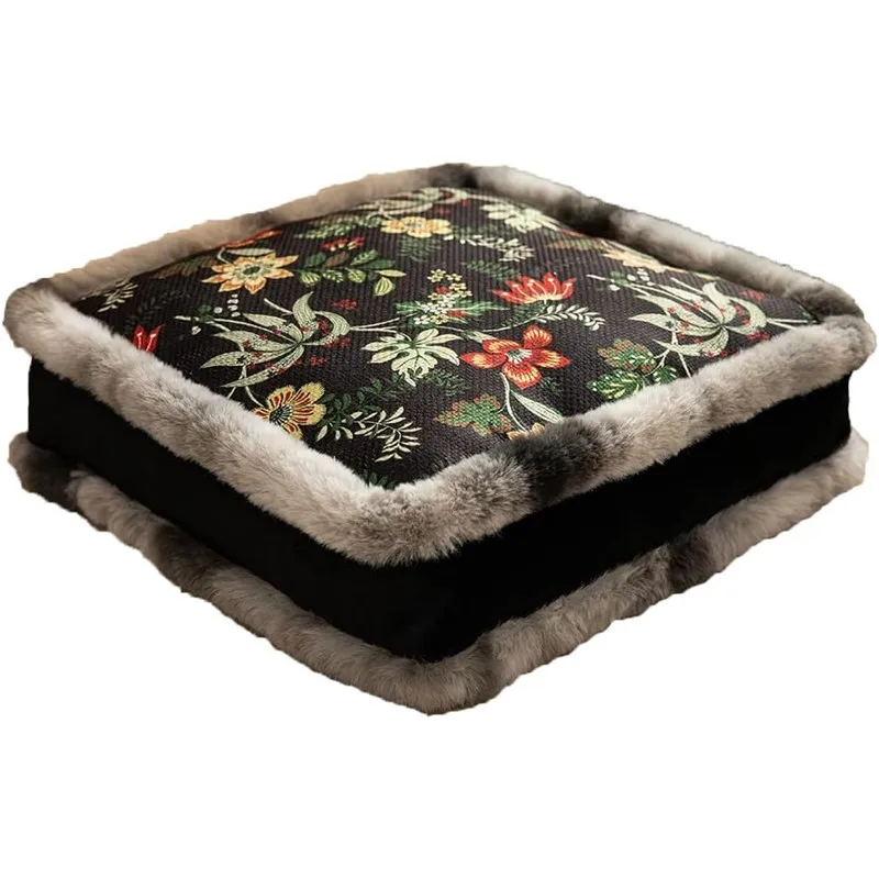 Boho Floral Print Square Chair Cushions for Dining Room Kitchen Office Chairs Soft Thick Seat Cushion Faux Fur Trimmed Chair Pad