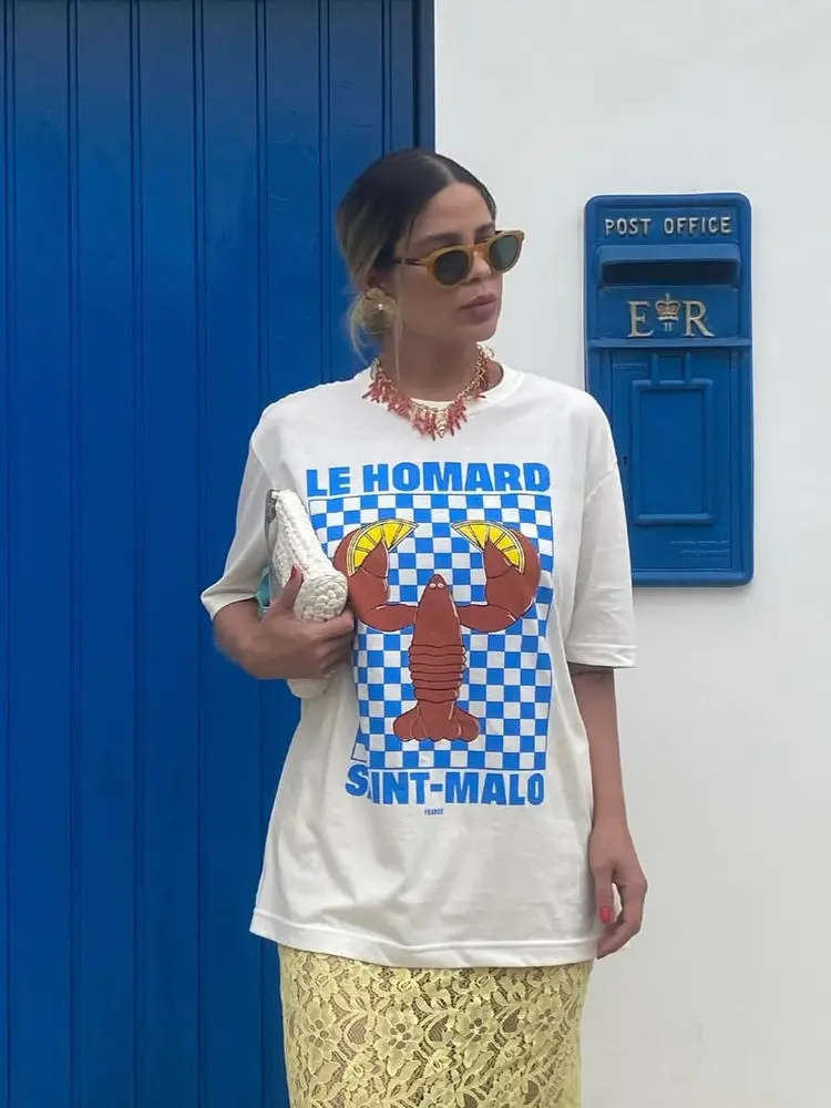 Vintage Summer Lemon Lobster Print Spicy Girl Loose Short Sleeve T-Shirt Women's Street Style Oversize Cotton round Neck Top
