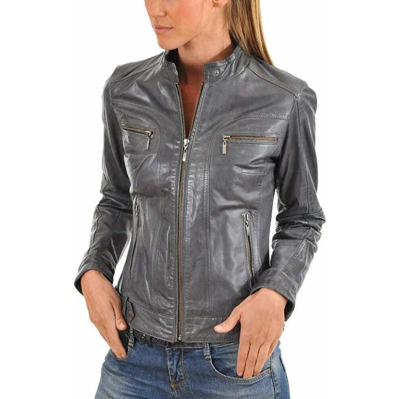 Women Genuine Lambskin Real Leather Jacket Gray Designer Biker Stylish Coat