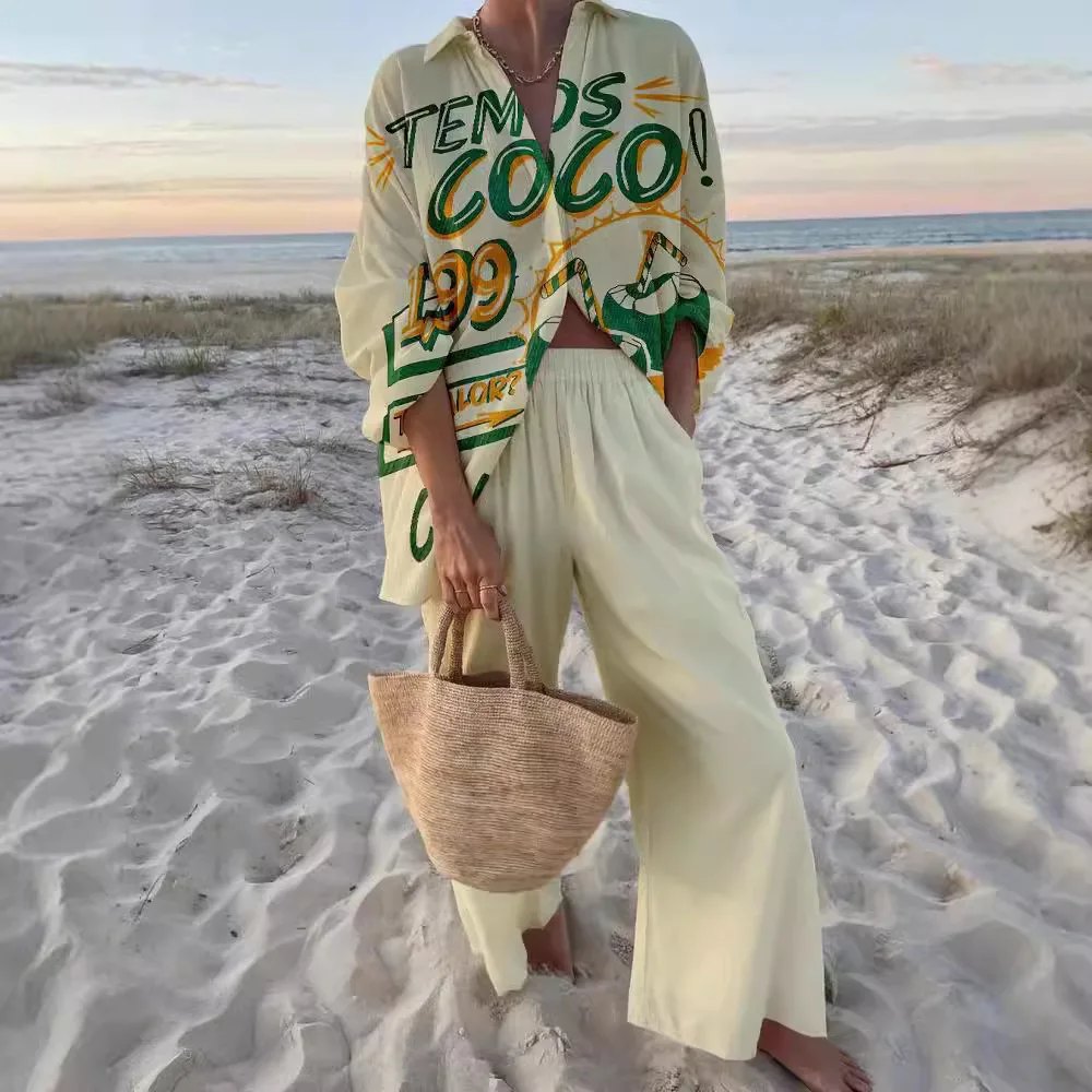 Spring Autumn New Printed Pant Sets Women Fashion Long Sleeve T Shirt Wide Legs Trousers Two Piece Set Female Trendy Streetwear