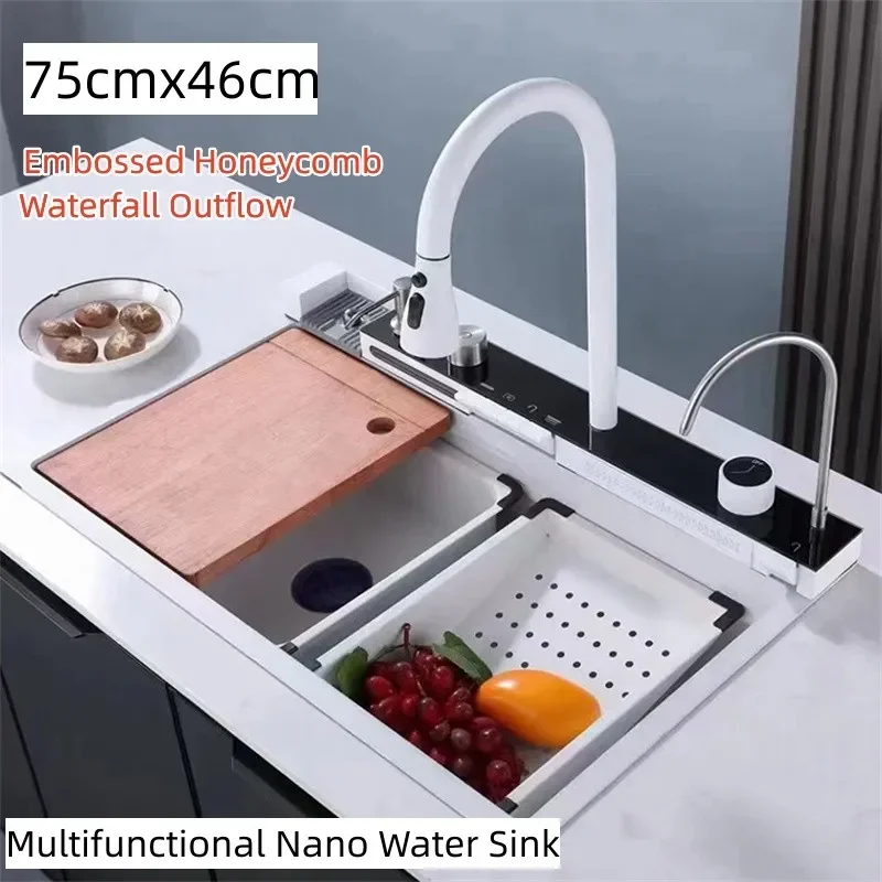 

White Nano Multifunctional Kitchen Sink 304 Stainless Steel Large Single Sink Integrated Kitchen Faucet