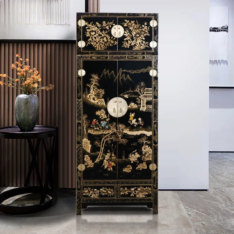 

Chinese classical black paint gold-painted large wardrobe with top box elm bedroom wardrobe retro style solid wood high cabinet