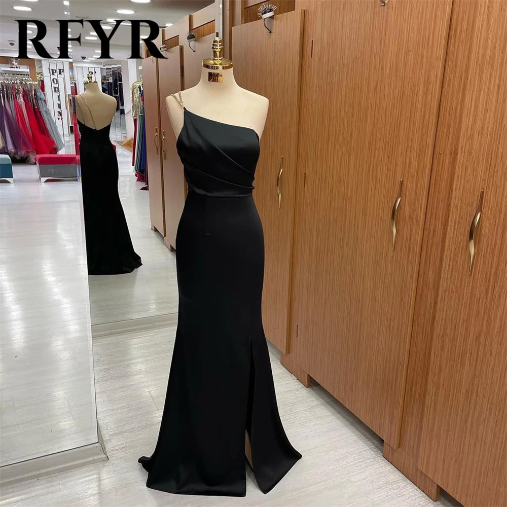 

RFYR Mermaid Sexy Charming Prom Dress Gown Black One Shoulder Formal Gown High Split Pleat Stain Evening Gown vestidos de noche