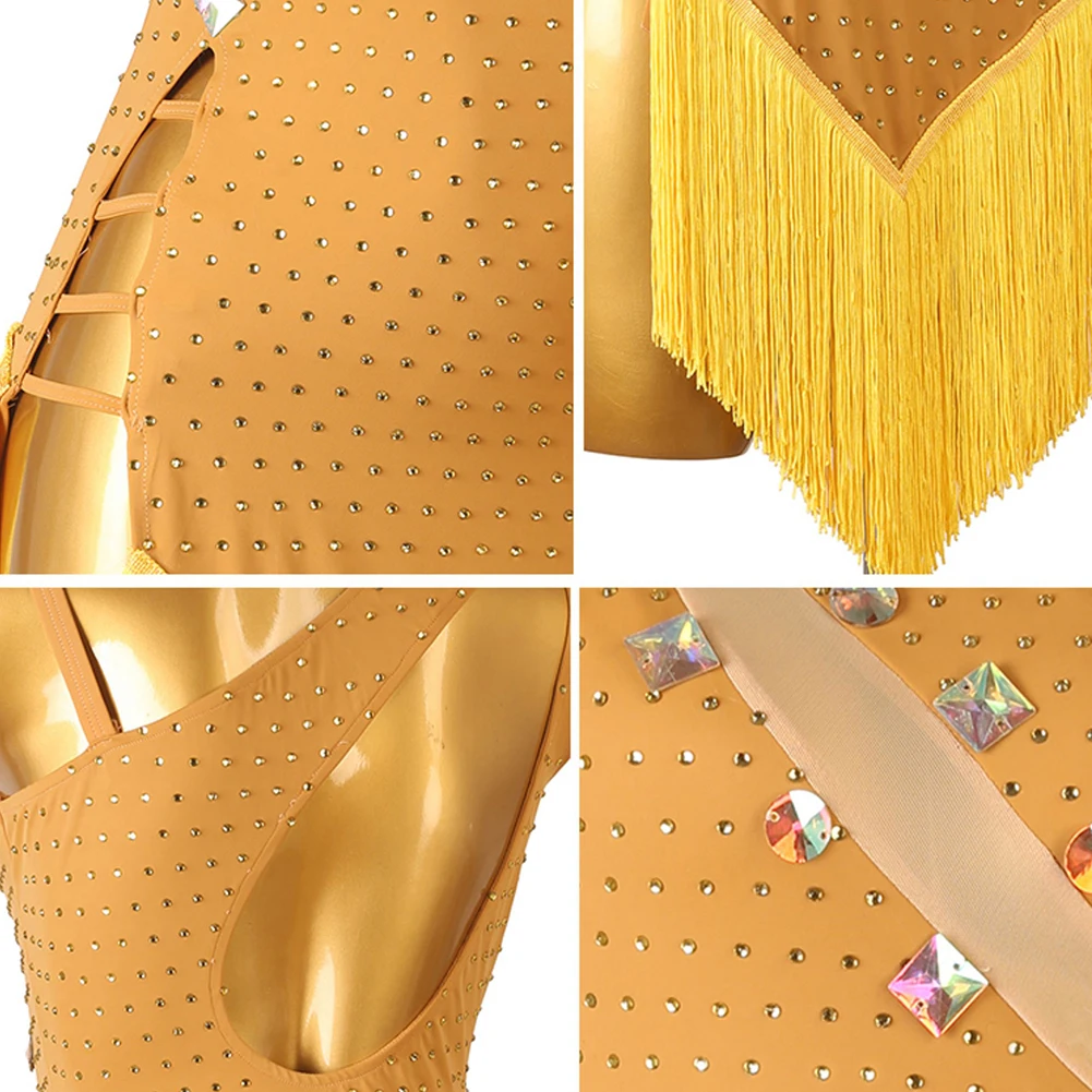 肌の色ラテンダンス衣装女性のための 2025 サスペンダーサンバラインストーンホワイトダンス競技ドレスレッドノースリーブタッセル