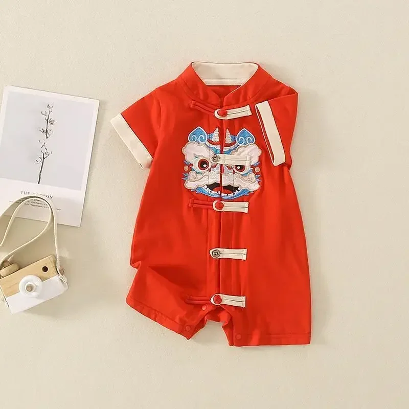 Summer Baby Chinese Style Baby Jumpsuit Hundred Day Outfit Sunshine One Year Banquet Red Dress for Children Chinese Dragon Cloth