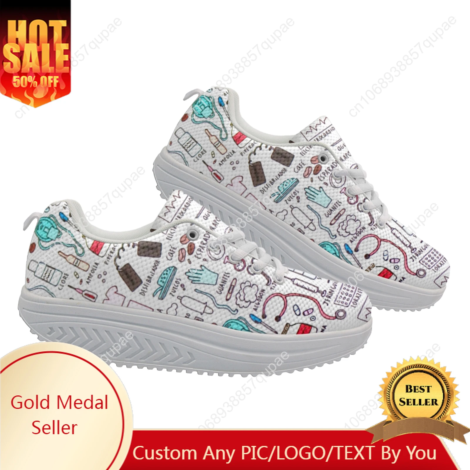 

Cute Cartoon Nurse Pattern Women's Fashion Casual Rocking Shoes Lace-up High Quality Height-increasing Shoes Custom Shoes