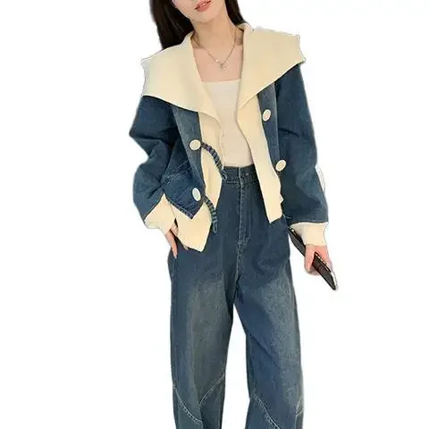 

Новый осенне-зимний модный комплект в корейском стиле: джинсовая куртка и брюки с широкими штанинами, стильная женская одежда