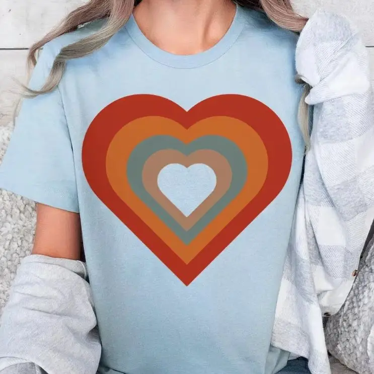 

Vintage Y2K Cotton Casual Women‘s T-Shirt Short Sleeve Round Neck Fitted Colorful Cute Cartoon Heart Red Orange Blue Brown