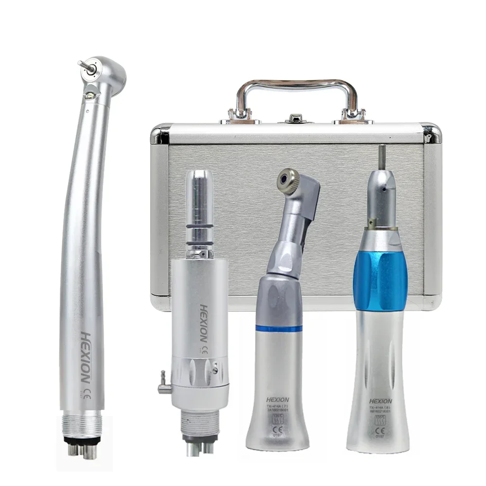 HEXION 4Pcs/Kit LED High Speed Dental Handpiece Metal Box Kits With Lights E-generator Push Button 3 Water Spray 2/4 Holes