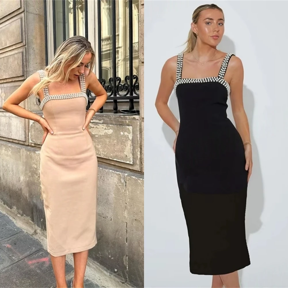 

Customized Elegant Graceful champagne Jersey Evening Dress Delicate Square Collar Spaghetti Straps Prom Dress Formal Party Dress