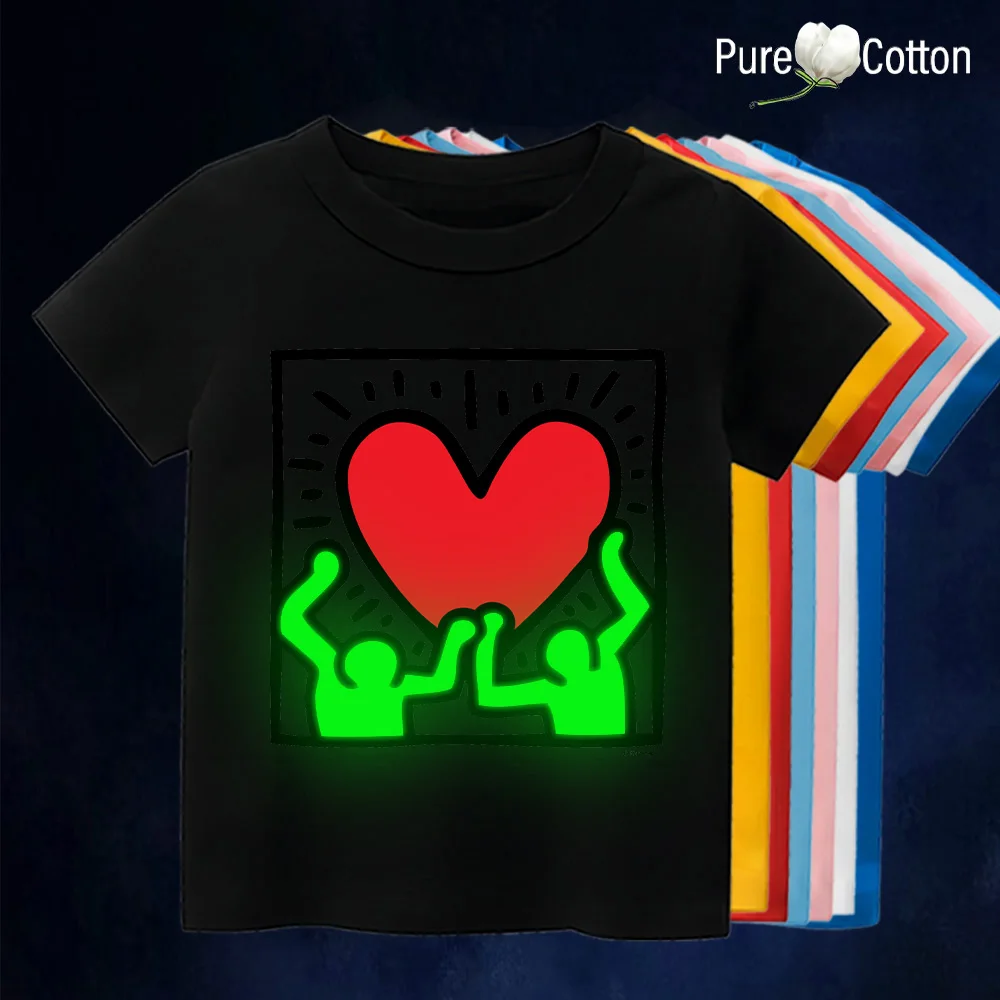 Children's cotton breathable men's and women's short sleeve T-shirt square frame love figure fluorescent printing neutral ins