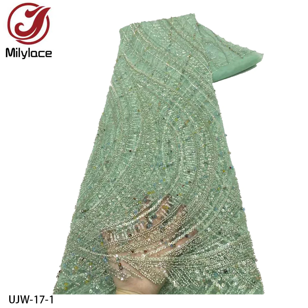 Elegant African Heavy Beaded Sequins Lace Fabric Nigerian Groom Embroidery Lace for Wedding Dress UJW-17