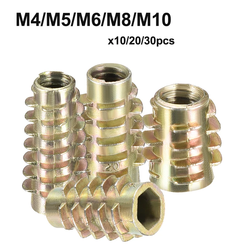 Uxcell 10/20/30pcs M4 M5 M6 M8 M10 Threaded Insert Nuts Zinc Alloy Wood Furniture Nuts Hex Flush Internal Threads