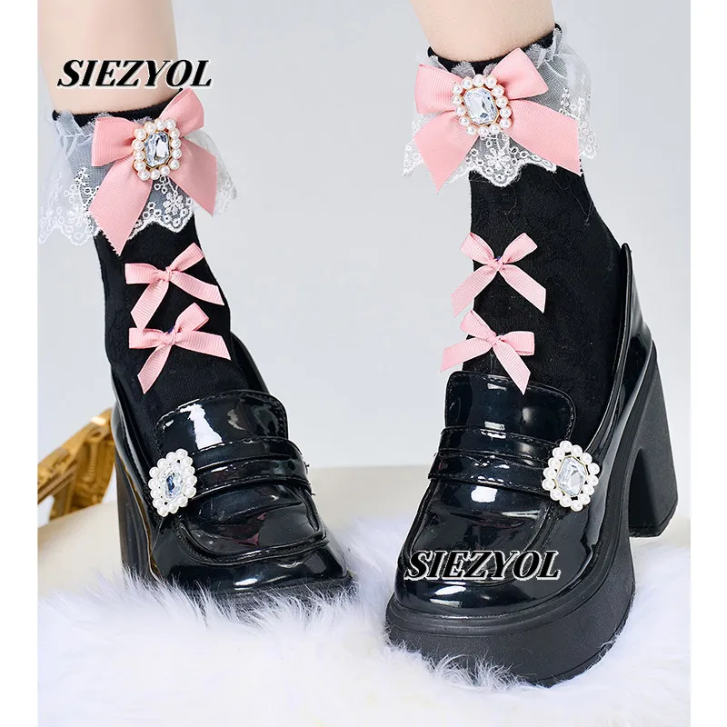 Japanese Sweet Lolita Style Kawaii Socks Mass-produced Square Rhinestone Gem Butterfly Lace Trimmed White Socks Stocking