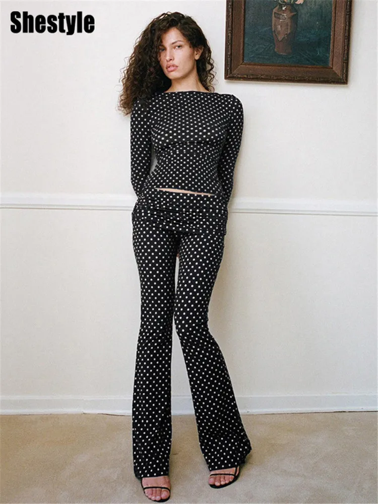 Shestyle Polka Dot Women Black Two Pieces Sets Sexy Low Waist Flare Pant Stretchy Casual Slash Neck Stylish Fitness Basic Tide