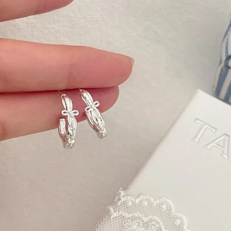 

925 Sterling Silver Water Droplet Bow Letter-C Curved Arc Hoop Earrings for Women Fine Jewelry High Luxury Vintage Accessories