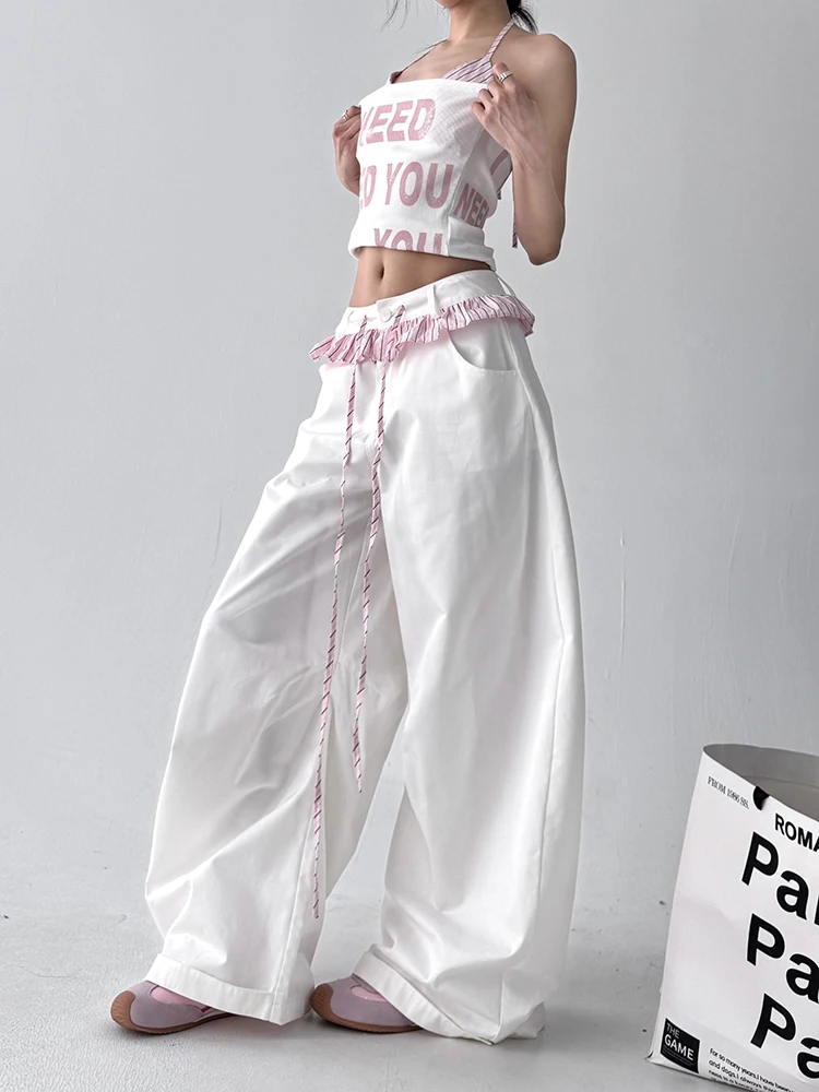 High Waist Loose Casual Pants Women's Spring Summer Floral Lace Splicing Wide Leg Pants Comfortable Breathable Cotton Trousers