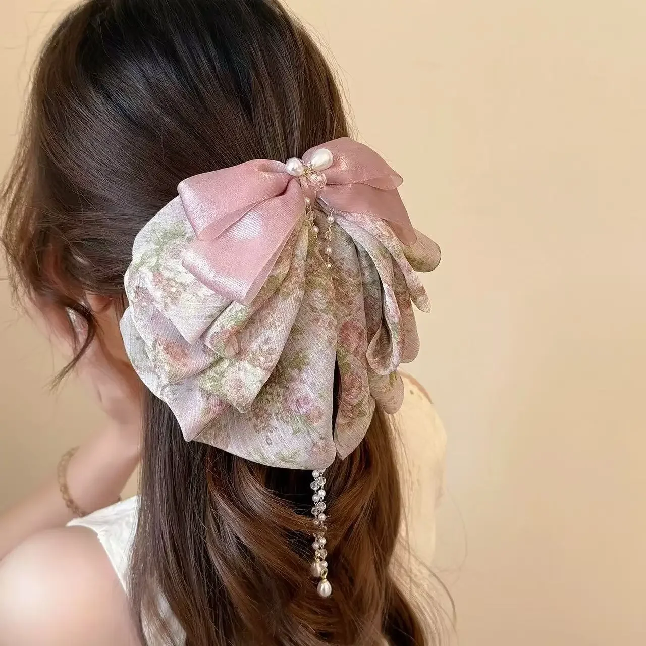 مخلب شعر شيفون مزين بالزهور - مشبك ذيل حصان ضخم، لمسات شعر أنيقة متعددة الطبقات من التول للنساء