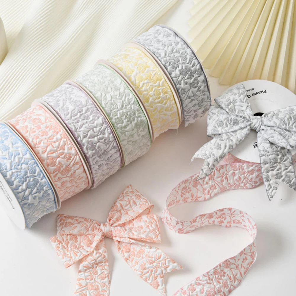 

2.5cm /4cm 10 Yards Embossed Floral Ribbon Small Flowers Pattern Baking Ribbons DIY Flower Bouquet Birthday Gift Wrap Ribbon