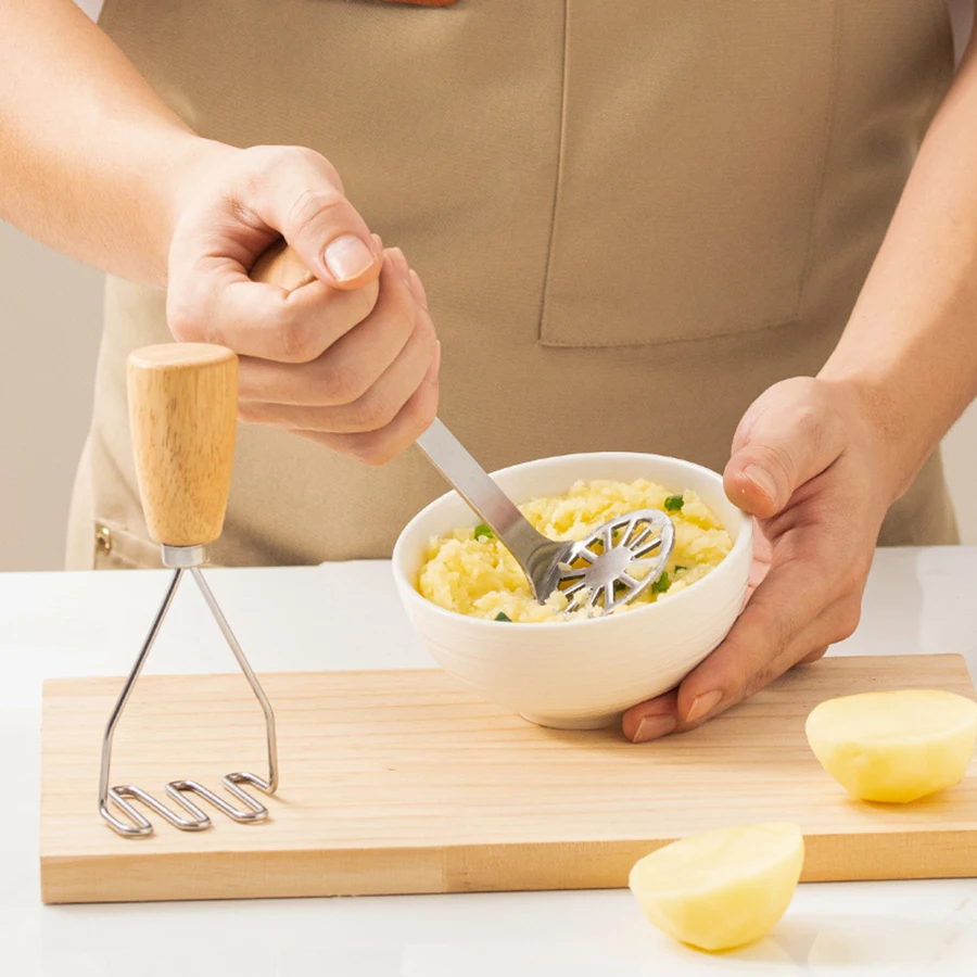 Trituradora de patatas de acero inoxidable con mango de madera, trituradora casera, trituradora de patatas moradas, trituradora de aguacate