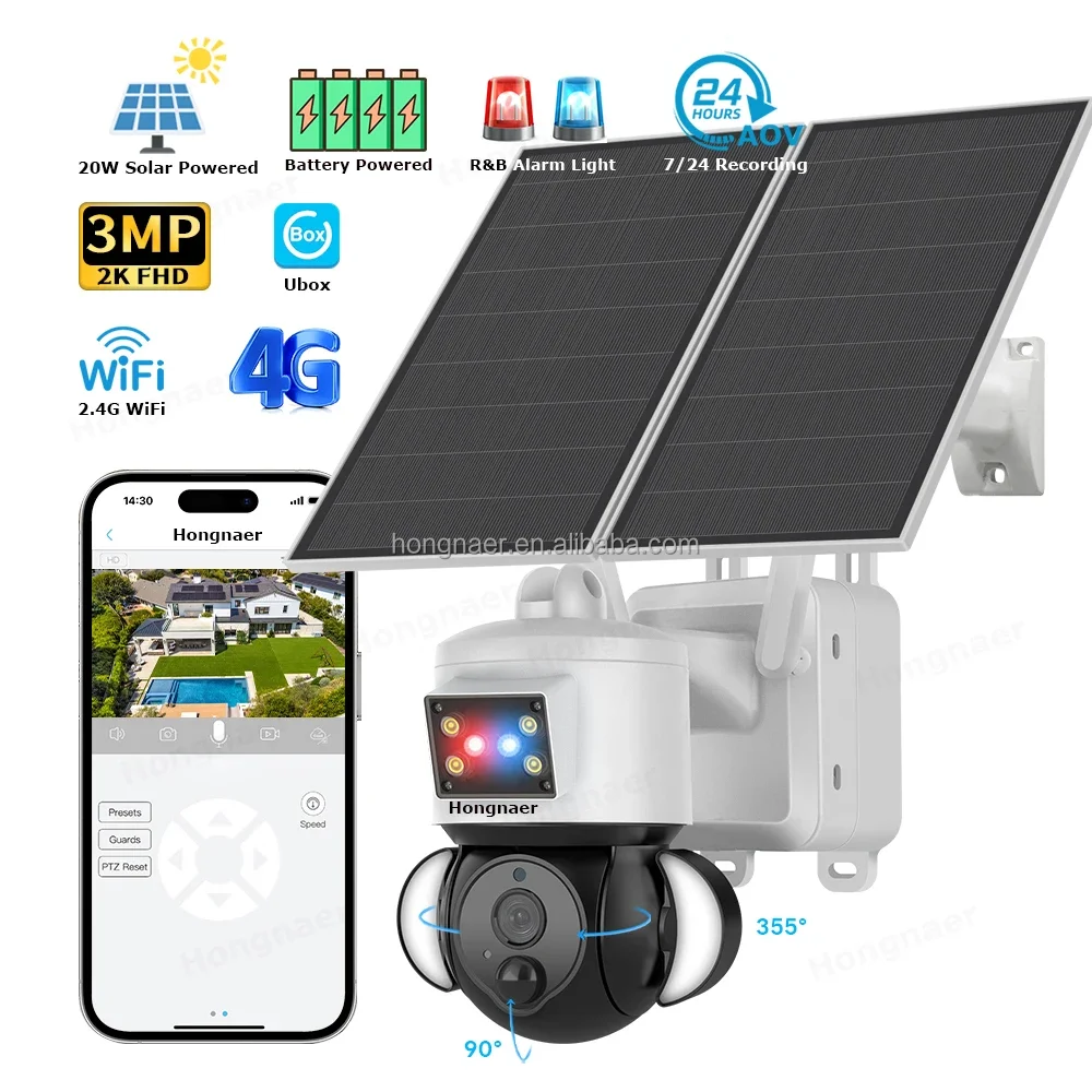 2026 Hongnaer 3MP 20W Solar Powered Wireless 4G Security PTZ Camera 7/24 Record AOV Ubox Outdoor WiFi 4G Sim Card Solar CCTV Cam