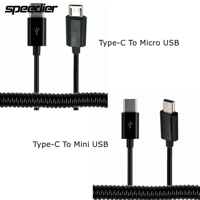 Data&Charger Spiral Coiled USB 3.1 Type C Male To USB 2.0 Micro 5Pin & Mini USB Stretch Spring Curl Flexible Cable 1m 3m Phones