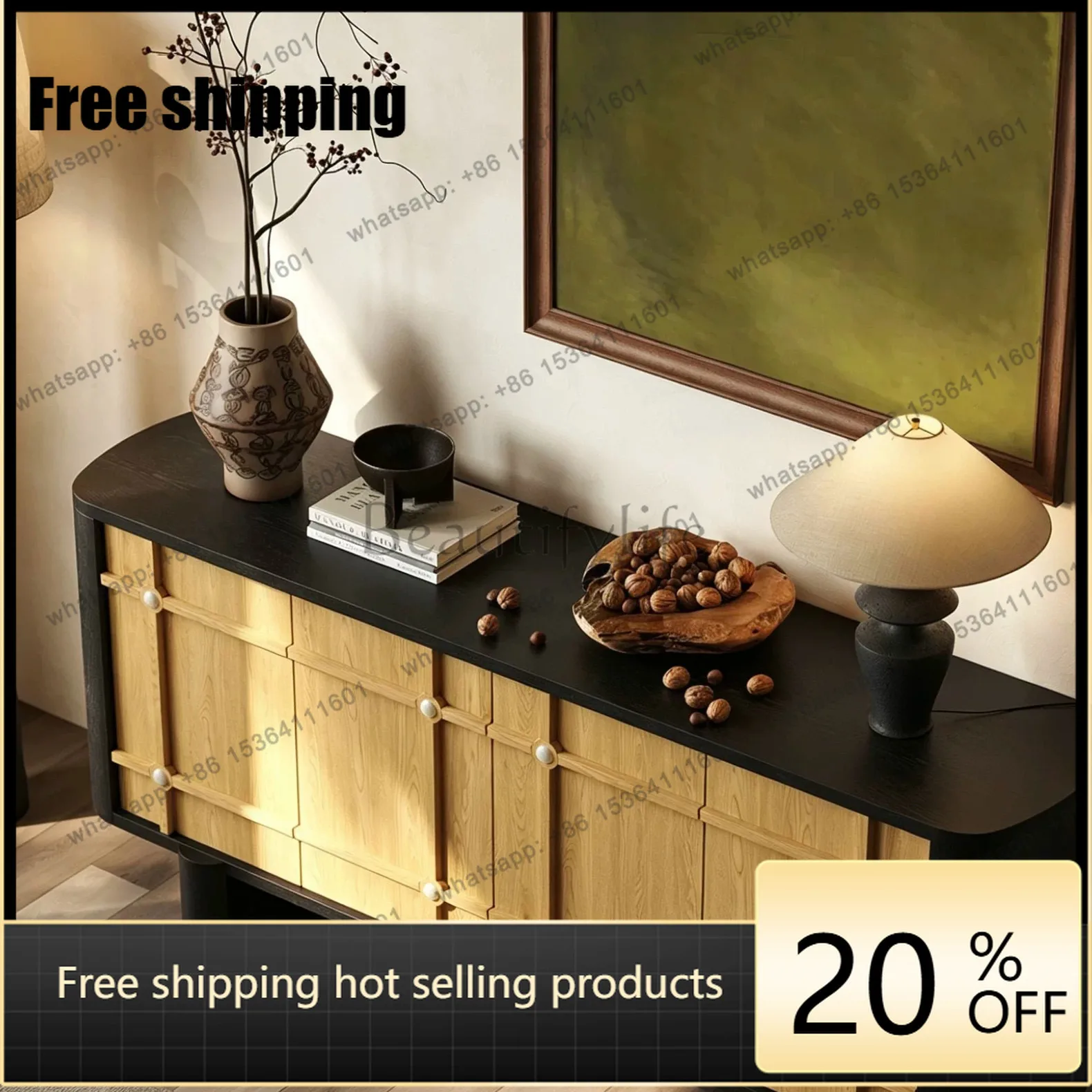 Factory Direct Wabi Sandy Wind Solid Wood Side Cabinet, Light Luxury High-end Sense Side Cabinet Atmospheric Minimalist Log