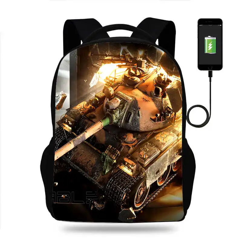 Sac à dos de grande capacité avec port de charge USB, sac d'école pour adolescents, impressions War Thunder, ajouter votre port Lo, chars du monde