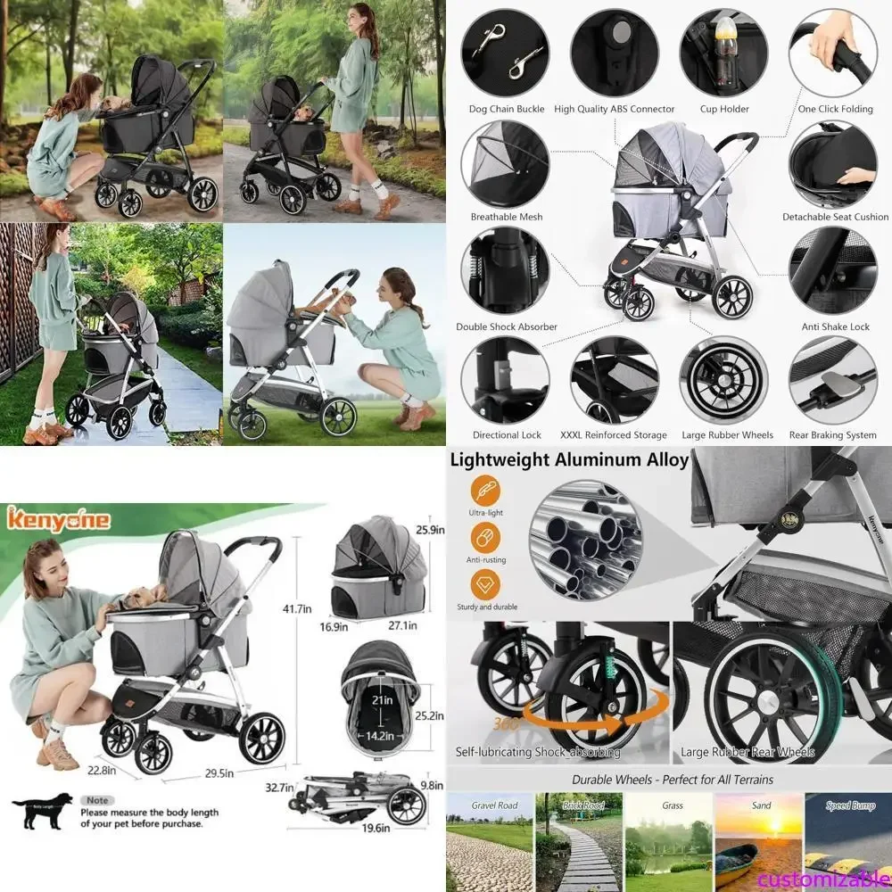 

Коляска-трансформер 3-в-1 для средних и мелких собак, подходит для крупных кошек, со съемной переноской для щенков и собак