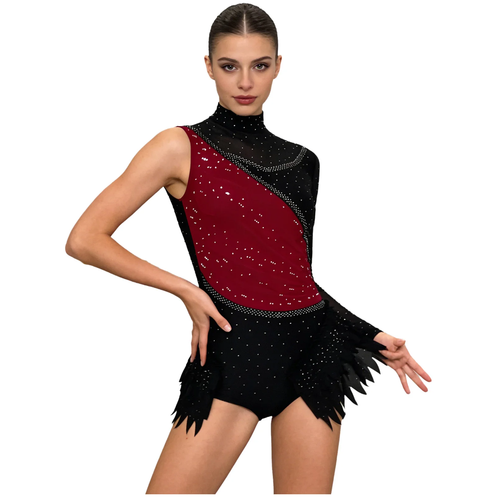 

Женский комбинезон для фигурного катания, гимнастики, балета, танцев, акробатики, с одним рукавом, без спинки, со стразами, сетчатый