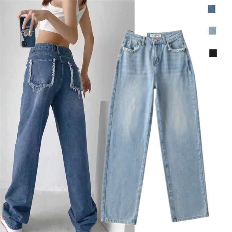 

Повседневные длинные джинсы с высокой талией в американском стиле ретро, свободные прямые брюки, темно-синие джинсовые брюки, женская мода