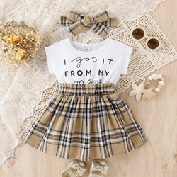 PatPat 2pcs Baby Girl Short-sleeve Letter Print Spliced Plaid Dress & Headband Set Suitable for Summer Season