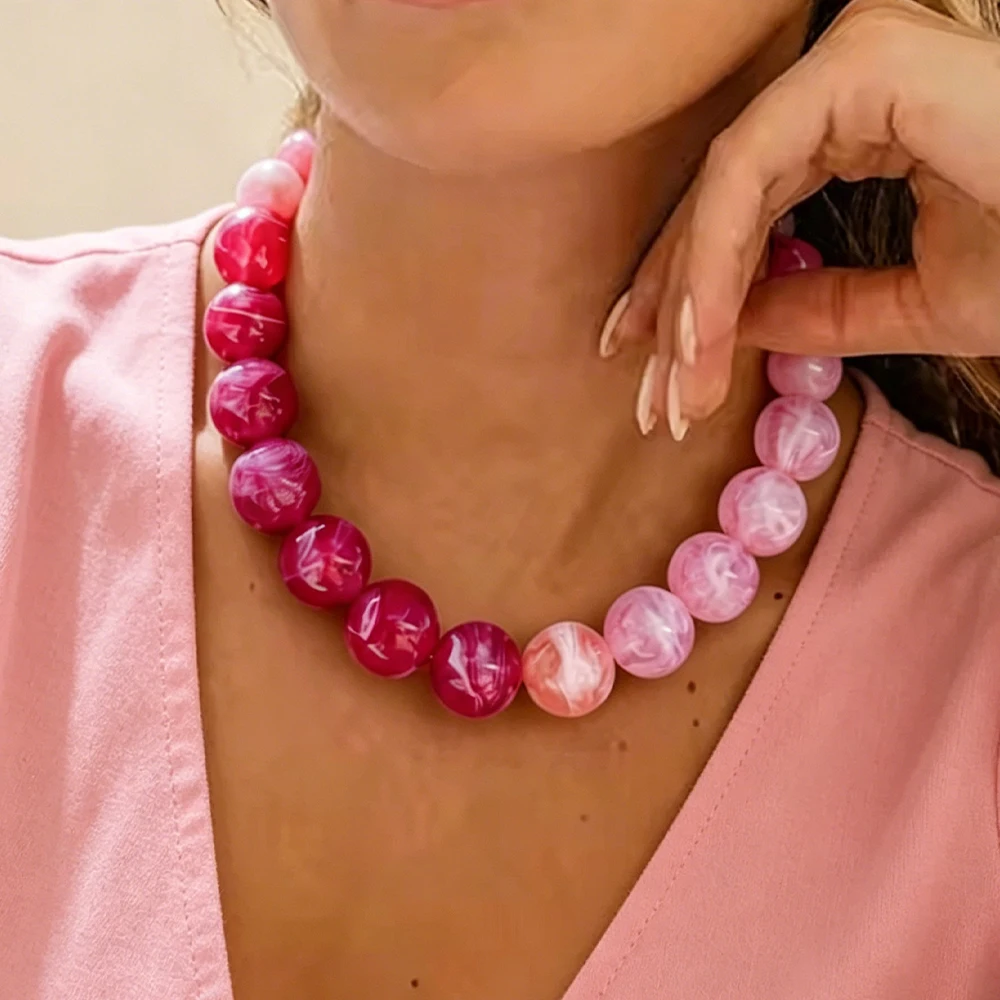 Boho Summer Beach Chunky Multicolored Acrylic Bead Necklace Handmade Statement Choker for Women Vacation Party Jewelry Gift
