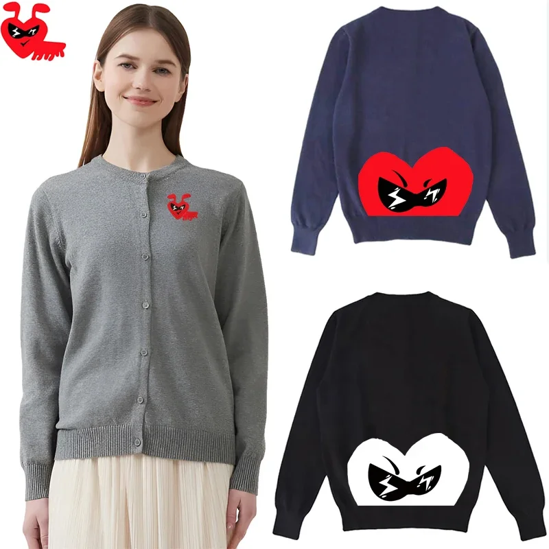 

Женский открытый вязаный свитер Break Egg с вышивкой муравья, однобортный осенний свитер с круглым вырезом и принтом в форме полусердца с длинными рукавами