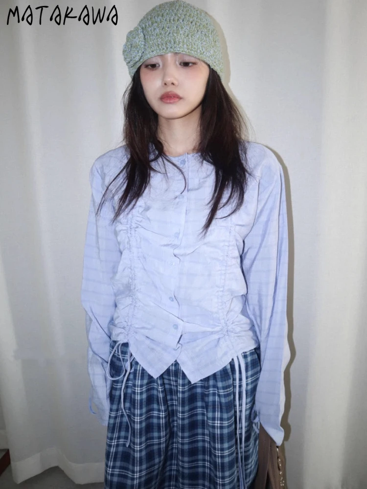 

Matakawa Y2k Clothes Bandage Blouses Vintage Spring Autumn Plaid Women Shirts Korean Fashion Drawstring Elegant Blusas Mujer