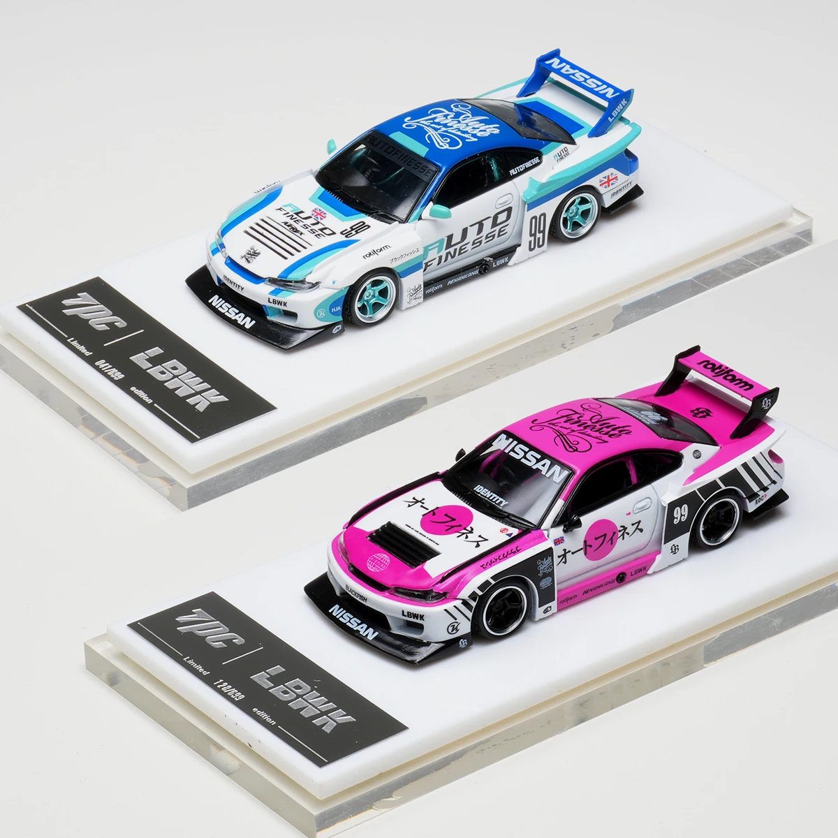 TPC 1:64 LBWK Silvia S15 LB Super Silhouette, Capó Abrible, Azul, Modelo de Auto de Colección en Diorama, TimeMicro