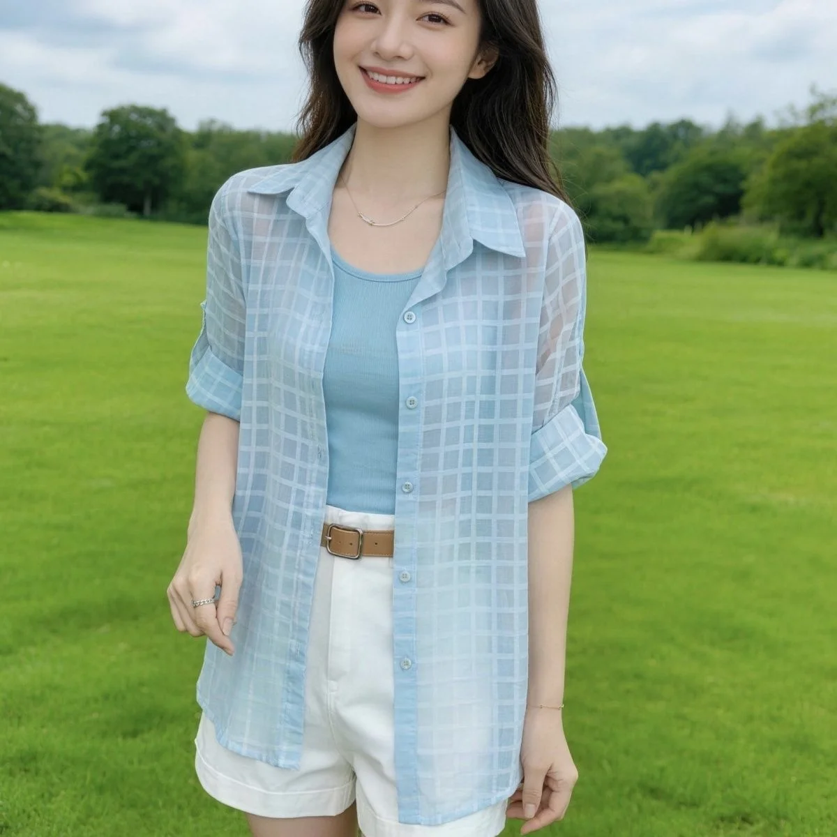 

Sun Protection Shirt Summer New Loose Thin Breathable Long Sleeve Plaid Mid-Length Open Cardigan Fairy-Like Outerwear for Women