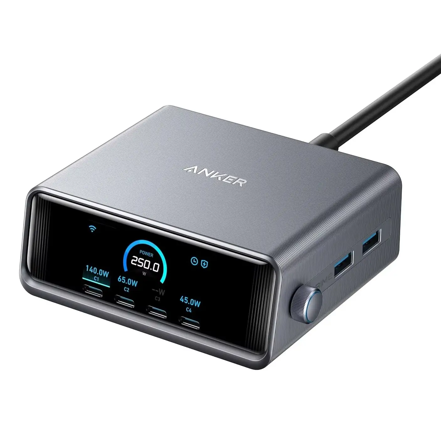 Ładowarka USB-C Anker Prime 250 W, ultrabłyskawiczna ładowarka GaN z 6 portami, wyświetlacz LCD 6 cm, inteligentny kontroler.