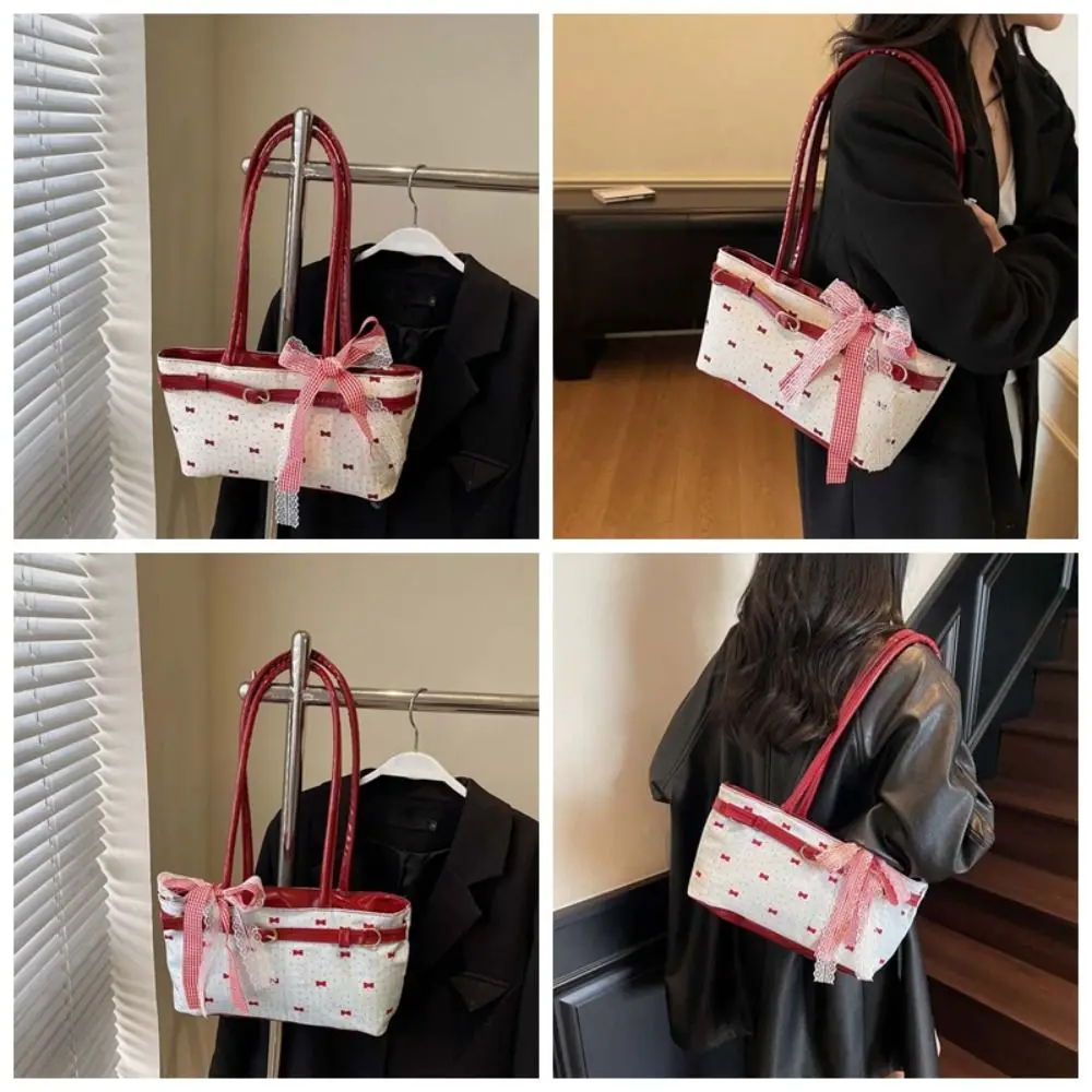 Tas Tote Prancis Manis Serbaguna dengan Pita Renda, Kapasitas Besar, Tas Tangan PU dengan Pita, Tahan Air, Warna Kontras, Tas Selempang untuk Sekolah