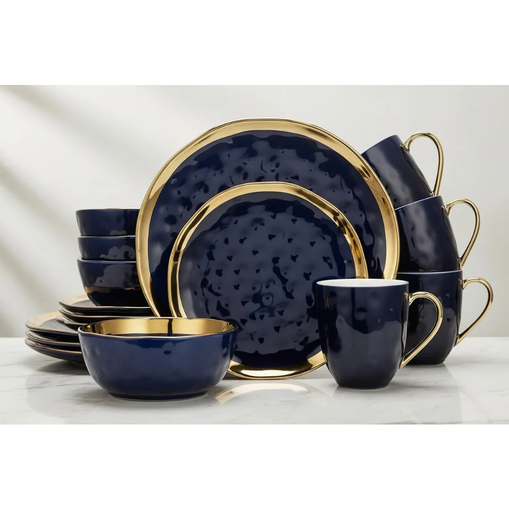 

Elegant Blue & Gold Porcelain Dinnerware Set 16-Piece Service for 4, Modern Stone Texture