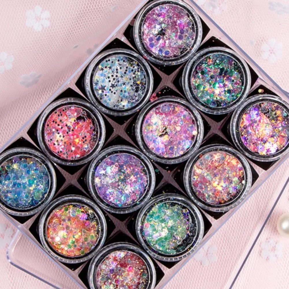 

12Jars/Lot Face/Eye Makeup Glitter Gel Star/Moon/Hexagon Mixed Nail Sequins Cream Gel Body Eyeshadow Festival Party Glitter Gels