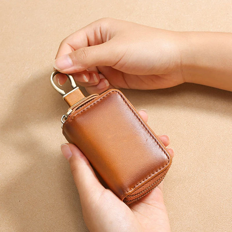 Genuine Leather Vintage Car Key Holder Multifunction Men Key Case Coin Wallet Transparent Small Money Bag Storage Bags