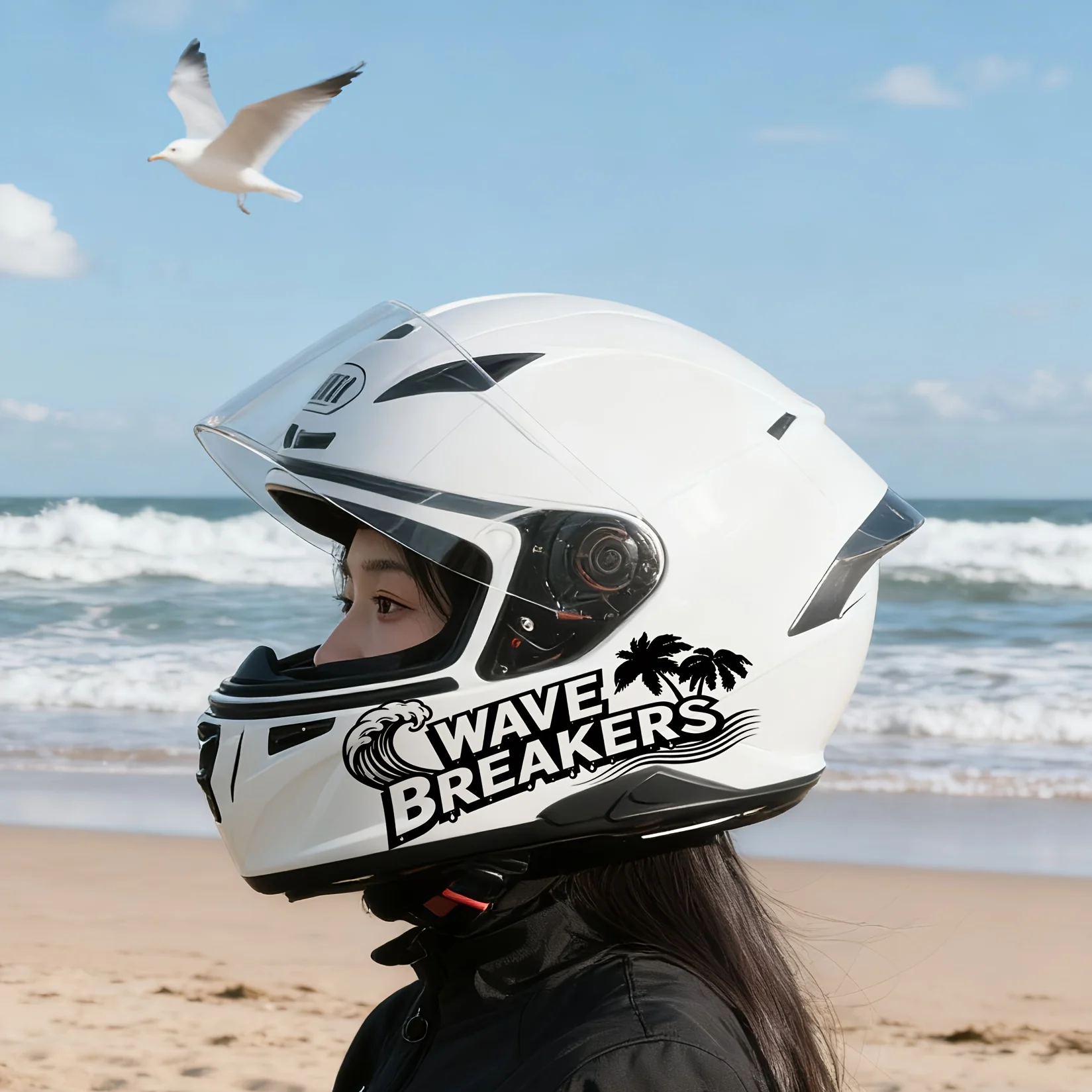 

"WAVE BREAKERS" text, durable decal, suitable for motorcycle and car helmets Bright pink and design sticker with